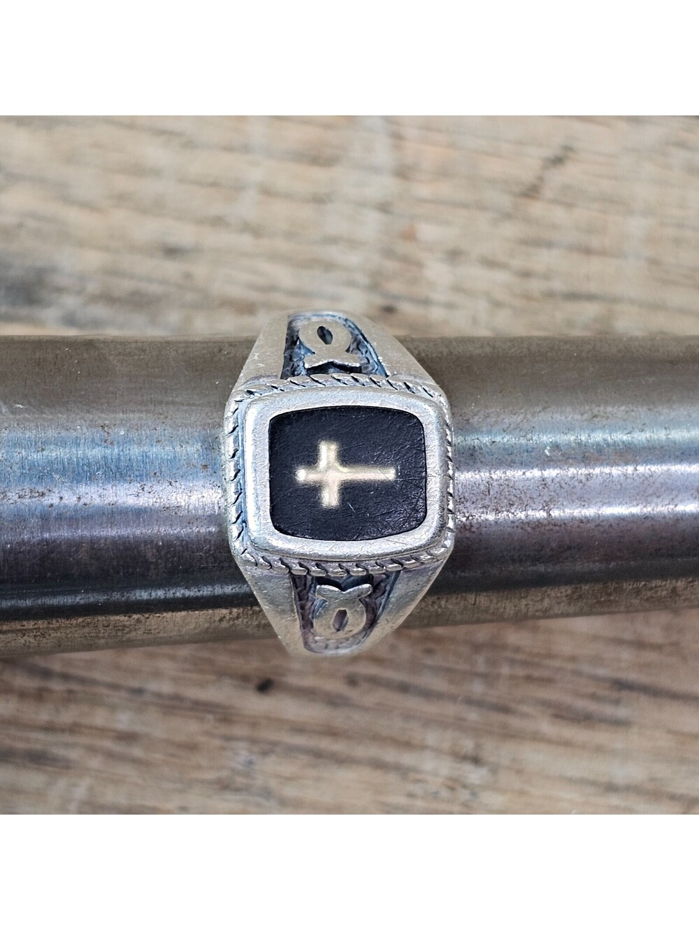 Waldeck Johnson WJ 925 14K Gold Onyx Cross Ring Sterling Silver Size 10